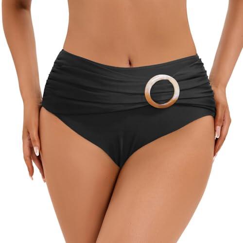 NLAND Shorts Traje de baño Bikini Mujer Cintura Alta Ruched Braga De Pantalon Reductores Barriga con diseño Circular Bañadores,Negro L