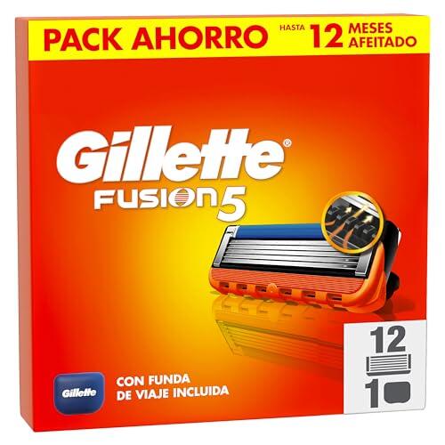 Gillette Fusion5 Recambios para Maquinillas de Afeitar, Pack de 12 Cuchillas de Afeitar con 5 Hojas, Banda de Gel Lubricante Y Recortadora de Precisión