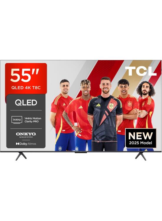 TCL 55T8C, 55'' QLED TV, 4K 144Hz UHD TV, Smart TV Powered by Google TV (Dolby Vision & Atmos, Motion Clarity Pro, FreeSync, Onkyo 2.0 Sound, Voice Control)