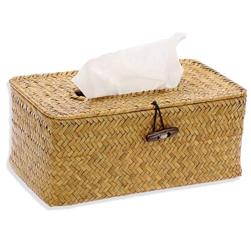 Caja de Pañuelos de Paja, Caja de Pañuelos Rectangular Tejida en Seagrass, Servilletero, Organizador de Pañuelos, Accesorio de Decoración para el Hogar y (Color Caramelo)
