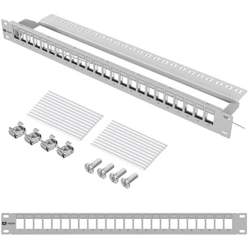 hb-digital Panel de distribución modular de 24 puertos para módulos Keystone RJ45 de 19 pulgadas, CAT 5, CAT 6, CAT 7, para armario de red LAN, profesional, TIA568A, TIA568B, cable de tierra – Gris