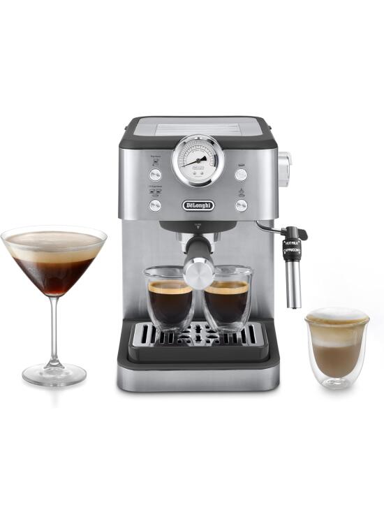 De'Longhi Classic EM450.M, Máquina Café Manual con Varilla Vapor, Máquina Espresso con Bomba Barista, Boquilla para Capuchino, Filtro Doble Pared, 15bar, Taza Hasta 13cm, Acero Inoxidable/Metal