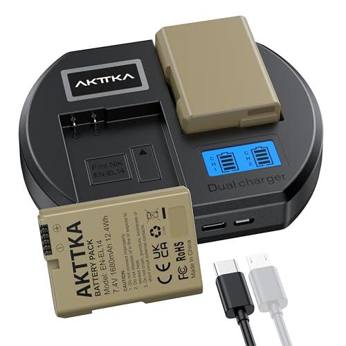AKTTKA Batería EN-EL14/EL14a (Pack de 2) & Cargador Dual USB – 1680mAh Alta Capacidad para Nikon D3100/D3200/D3300/D3400/D3500, Coolpix P7000/P7100/P7700/P7800 y Más