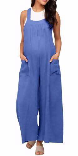 FEOYA Overol de Maternidad Holgado Mono de Pierna Ancha para Embarazadas Pantalones Cómodos con Bolsillos Perfecto para Uso Diario L Azul