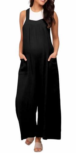 FEOYA Overol de Maternidad Holgado Mono Sin Mangas con Bolsillos Laterales Pantalones Largos Cómodos para Embarazadas Talla L Color Negro