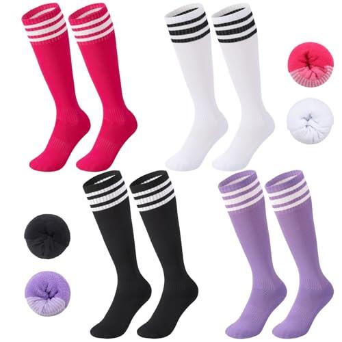 Zuimei 4 pares de calcetines de fútbol para niños, calcetines de fútbol para niños, calcetines largos transpirables para correr diariamente, calcetines de entrenamiento para niños y niñas de 5 a 12
