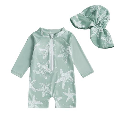 Yoolhamy Traje de Baño para Bebé Niño, Bañador Bebe Pequeños Bañador de Manga Larga con Cremallera para Niños con Gorro de Sol