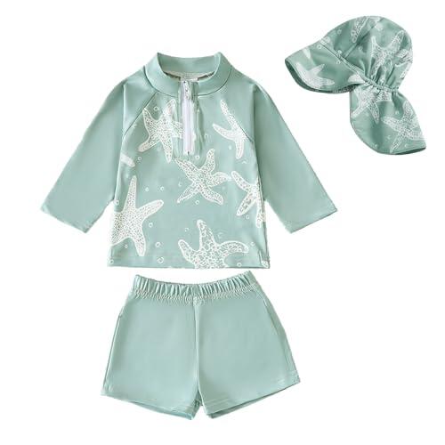 Yoolhamy Traje de Baño para Bebé Niño, Bañador Bebe Pequeños Bañador de Manga Larga con Cremallera para Niños con Gorro de Sol