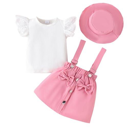 LUVCES Conjunto Bebé Niña Verano Manga Corta con Volant Acanalados Top+ Falda con Tirantes con Lazo Vestido + Sombrero 3Pcs Elegante Ropa de Verano 3Pcs Rosa 12-18 Meses