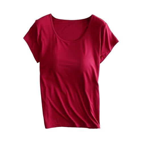 Camiseta con sujetador integrado de manga corta - camiseta deportiva para mujer, tallas grandes, de algodón, camiseta básica de tirantes, camiseta de yoga, camiseta interior transpirable, camiseta