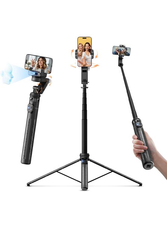Trípode Seguimiento Facial, Rollei Easy Creator Gimbal con AI Tracking 360 Palo Selfie Estabilizador para Móvil 45~156cm Ajustable Compatible con iPhone/Android para Videos Youtube Tiktok y Vlog