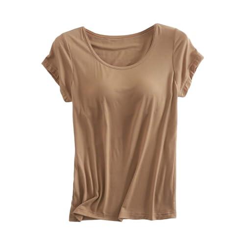 Camiseta con sujetador integrado de manga corta - camiseta deportiva para mujer, tallas grandes, de algodón, camiseta básica de tirantes, camiseta de yoga, camiseta interior transpirable, camiseta