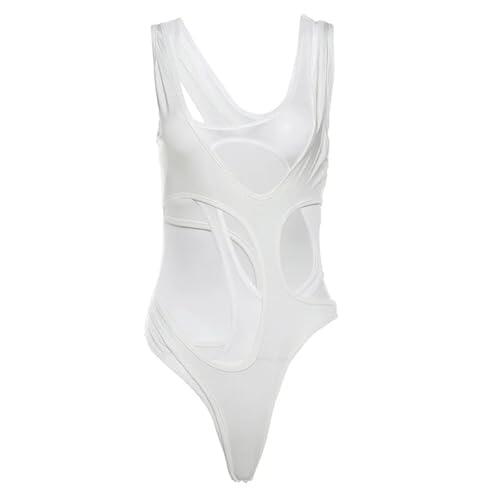 HUKYKZZS Body Ajustado Sexy Con Cuello Halter Para Mujer Espalda Descubierta Cuello Bajo Liso Simple Ropa Informal Ajustada Elástica Con Espalda Descubierta,Blanco,METRO
