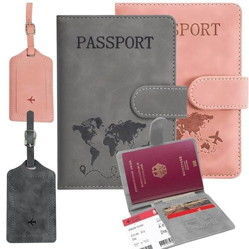 UptVin 2 Piezas Funda Pasaporte, Porta Pasaporte con Etiquetas de Equipaje Passport Holder para Mujeres y Hombres Passport Cover para Pasaportes, Tarjetas de Crédito, Documentos de Viaje