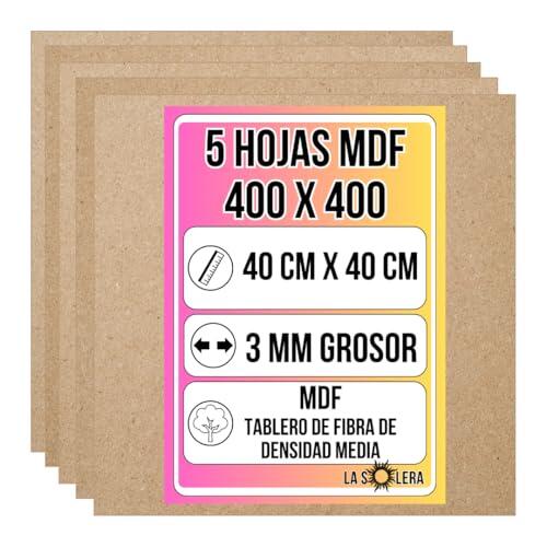 LA SOLERA Pack 5 Hojas Tablero MDF 3 mm de grosor | 400 x 400 mm | Láminas para corte láser y pirograbado | Hojas resistentes para manualidades y modelado | Fibra de densidad media | Corte limpio