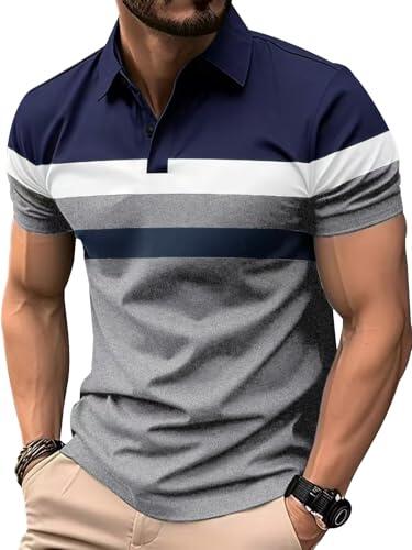 Comilaka Polo Hombre Manga Corta Rayas Camisa Color en Contraste Poloshirt Casual