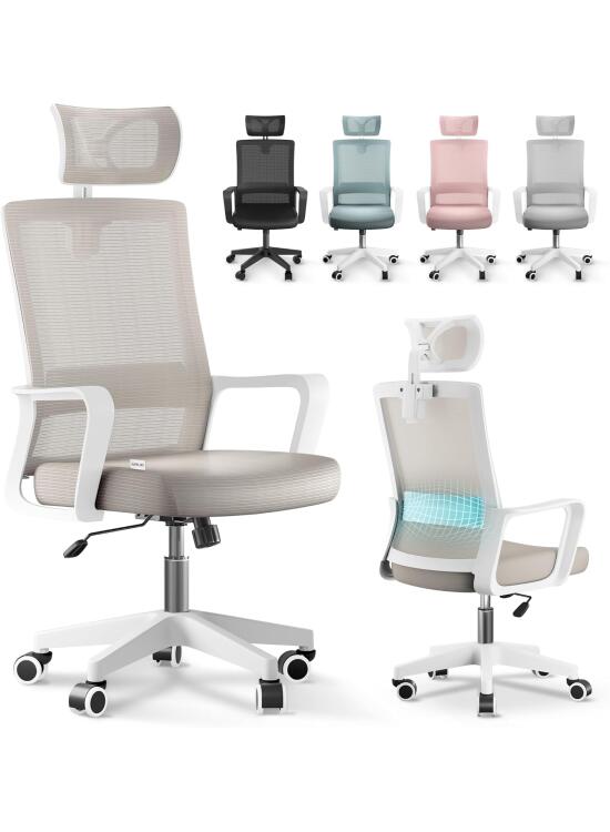JUPPLIES Silla Escritorio Ergonomica - Silla Oficina Ajustable y Reclinable con Soporte Lumbar, Reposacabezas Ajustable, Malla Transpirable, Ruedas Giratorias 360° Soporta hasta 100kg (Beige)