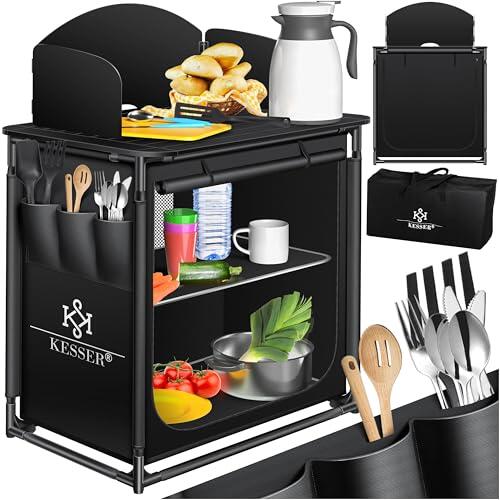 KESSER® Cocina de camping con bolsa de transporte y juego de vasos, armario de camping plegable con marco de aluminio, para viajes, cocina, camping, exteriores, color