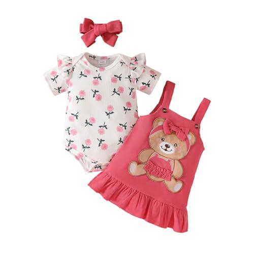 UUAISSO Conjuntos Para Bebé Niña Mono Manga Corta con Estampado de Corazones Falda Tirantes Vestido oso Diadema con lazo 0-18 meses Rosa 0-3 meses