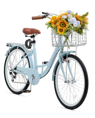 VEVOR Cruiser - Bicicleta de playa con 7 velocidades (diámetro del neumático 660,4 mm) con cesta grande y portaequipajes, bicicleta cruiser con asiento ajustable, para ciclismo, entrenamiento y