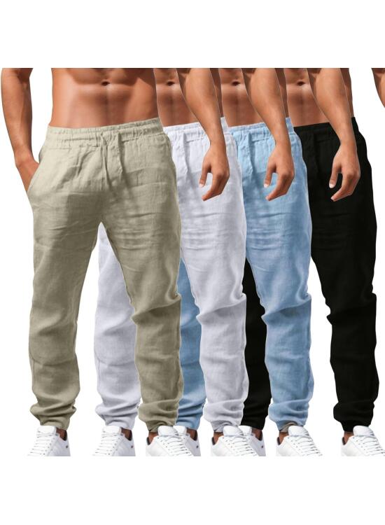 Pantalon Lino Hombre Pantalones Elásticos con Cordones Pantalones de Algodón y Lino Transpirables de Color Liso Pantalones Casual de Verano Pantalones Suaves y Cómodos para Hombre