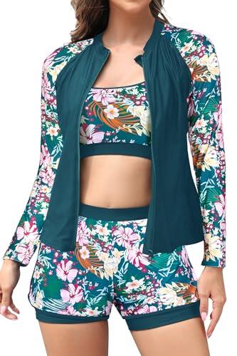 SHEKINI Conjunto de traje de baño modesto de 3 piezas para mujer con protección UV de manga larga con cremallera, top de neopreno, sujetador deportivo acolchado y shorts tipo boyshort, XL