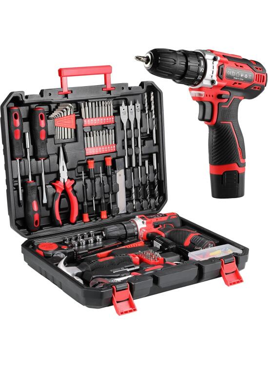 TLGREEN Caja Herramientas con Destornillador Electrico/Taladro 12V,Maletin Herramientas Completa 138 Piezas,Kit Juego de herramientas profesionales, para Bricolaje y Arreglos Diarios