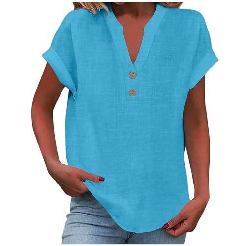 riou Camisa Mujer Verano Algodón y Lino con Botones Moda Color sólido Blusa Cuello en V Camiseta Elegante Basic Tops Fiesta Suelto T-Shirt Casual Oficina Original Cómodo tee