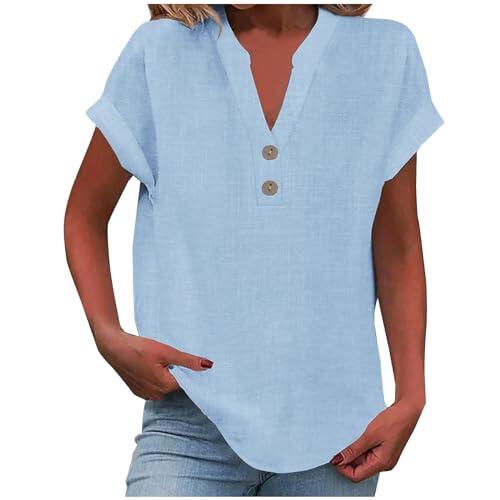 riou Camisa Mujer Verano Algodón y Lino con Botones Moda Color sólido Blusa Cuello en V Camiseta Elegante Basic Tops Fiesta Suelto T-Shirt Casual Oficina Original Cómodo tee