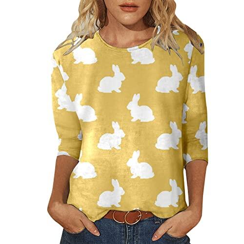 Cuello redondo informal para mujer con tres cuartos, día de Pascua, camiseta estampada divertida, pantalones cortos de peto para mujer, amarillo, S