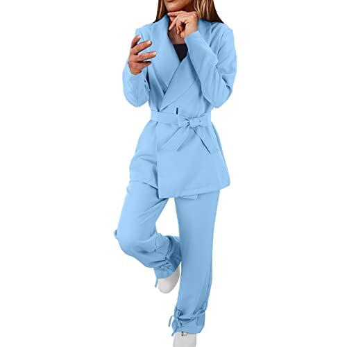 Generisch Traje de manga larga para mujer de color liso, moda informal, pantalones Beamtie conjunto de abrigo rojo vino para mujer, azul, S