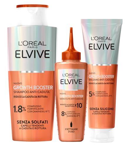 L'Oréal Paris Elvive Kit Anticaída para Cabello Dañado Growth Booster con Champú 200ml + Acondicionador 150ml + Suero 102ml Fórmula con Aminexil-R Niacinamida Extracto de Raíz de Jengibre - Juego de 3