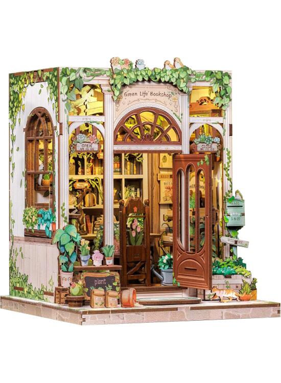CUTEBEE Book Nook Kit de Maqueta DIY para Libros - Casita de Muñecas en Madera con Luces LED, Decoración Hogareña y Regalo Original (Green Life Bookshop)