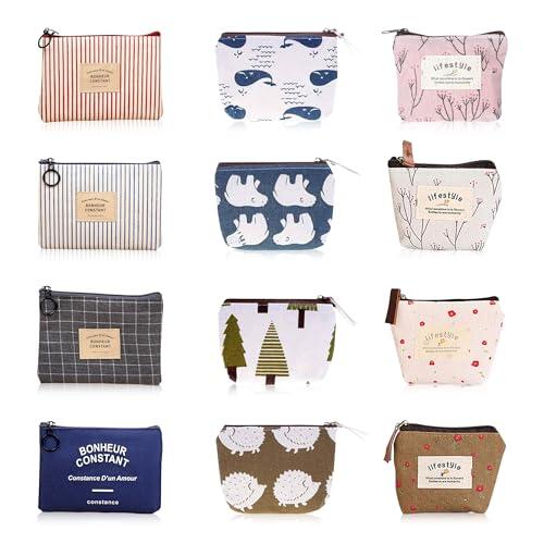 12 Piezas Mini Monedero de Lona, Monedero Pequeño con Cremallera, Portátil Monedero Mujer Pequeño Cartera Bolsa Porta Monedas para Monedas Llaves Auriculares Pintalabios