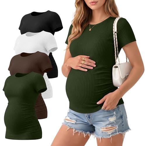 Neer Paquete de 4 camisetas de maternidad acanaladas de manga corta para mujer, cuello redondo, algodón fruncido, ropa de embarazo, Negro, blanco, café, verde militar, Large