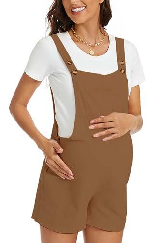 FEOYA Mono de Embarazo con Bolsillos Overoles de Maternidad Pantalones Cortos de Algodón Color Marrón Talla S