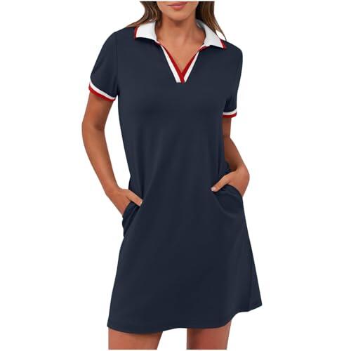 Vestido de polo para mujer, de verano, con solapa, hasta la rodilla, para el tiempo libre, manga corta, vestido de verano, monocolor, vestido corto con bolsillos, ligero y cómodo, vestido deportivo