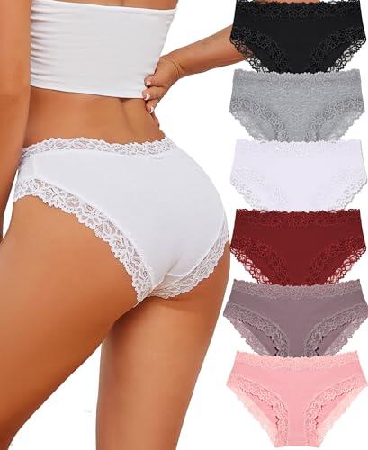 ALL OF SHE Bragas Mujer Algodón Ropa Interior Encaje Brazilian Hipster Lace Pack de 6,M