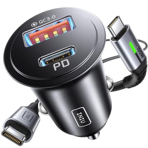 INIU Cargador Coche Carga Rápida 60W, Cargador Mechero Coche con Cable USB C, 12V USB-C Cargador Movil Coche para iPhone 17 16 15 Pro MAX, Samsung S25, Xiaomi, Camper, Furgoneta, Camion, BMW etc