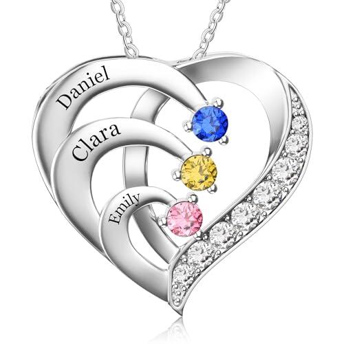 Easycosy Regalo Dia de la Madre, Collar Personalizado con Nombre Grabado, Colgante de Corazón con Piedras de Nacimiento, Collar de Mujer en Plata 925, Idea Regalo para Mamá, Mujer, Pareja, Amigo