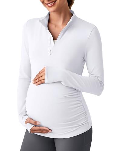 G4Free Camiseta ligera de maternidad de manga larga para entrenamiento, UPF 50+, camiseta de protección contra erupciones con media cremallera, fruncida, suéter para embarazo, Blanco, Large