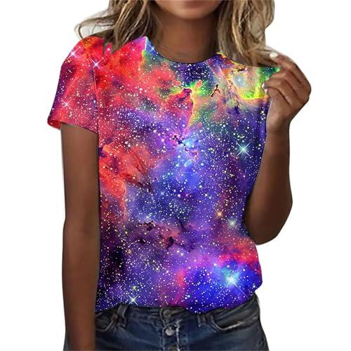 Camiseta de moda con estampado de cielo estrellado, cuello redondo, manga corta, camiseta para mujer, camisetas geniales para mujer, morado, M