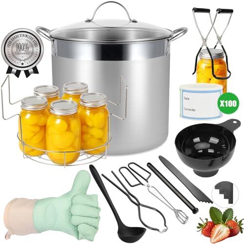 HOMKULA Olla de Conservas de Acero Inoxidable con Rejilla y Tapa, Gran Olla de Baño María, Kit Completo de Conservación para el Hogar (Negro, 19L)