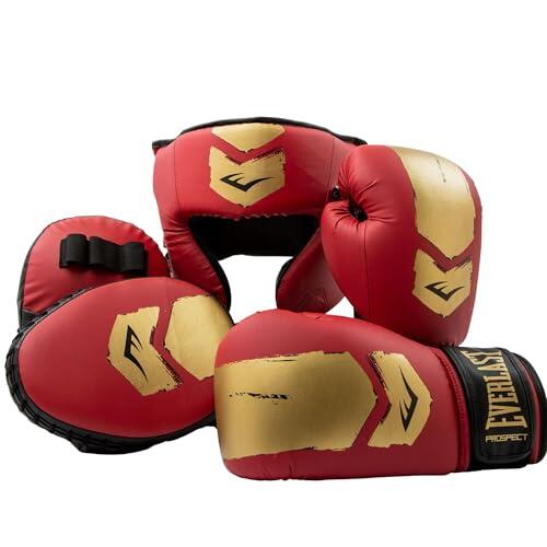 Everlast Prospect 2 Kit de Entrenamiento Niños/Jóvenes (Rojo/Oro) Guantes 8oz, Manoplas y Casco, Protector y cómodo para MMA – Equipamiento Everlast auténtico