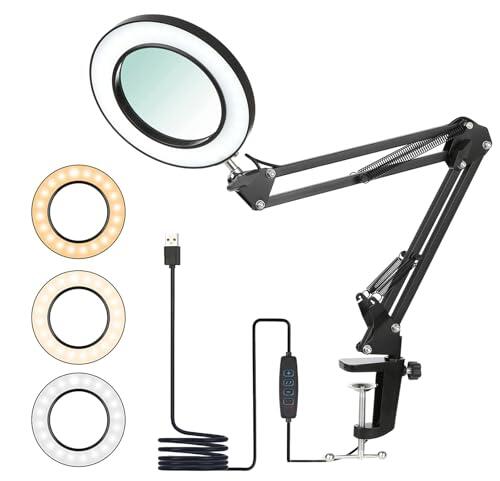 Lupa LED 10 aumentos con luz y soporte, abrazadera, 72 LED, 5 modos de color, lámpara de escritorio para manualidades, lectura, costura, pintura, reparación
