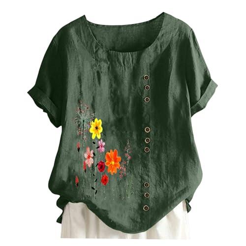 Suéter para mujer, cuello redondo, impresión de lino de algodón vintage, manga corta suelta, blusa para camisetas, Verde militar., M