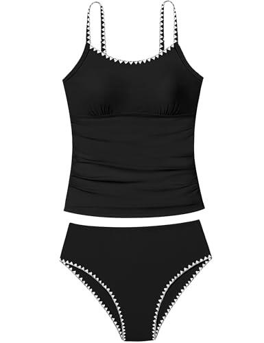 TyeSmo Traje de baño para niñas, Tankini de Color sólido, Ribete en Contraste, Traje de baño de 2 Piezas, Traje de baño Acolchado para Adolescentes de 9 a 16 años, Negro -, 13-14 años