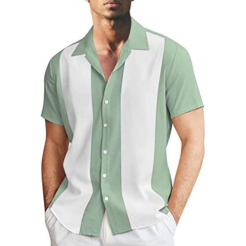 Gefomuofe Camisa clásica de manga corta para hombre, camisa de bolos a rayas bicolor con cierre de botones, camisa hawaiana, camisa de verano, camisa de bolos vintage, camisa de bolos rockabilly,