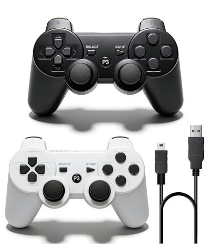 PS-3 Controller 2 Pack, Dual Shock 3 Wireless Gamepad Joystick for PlayStation 3, Compatible with PS-3 Console, Ergonomic Design, Rechargeable Battery, Vibration Feedback - 2 Controllers in Set