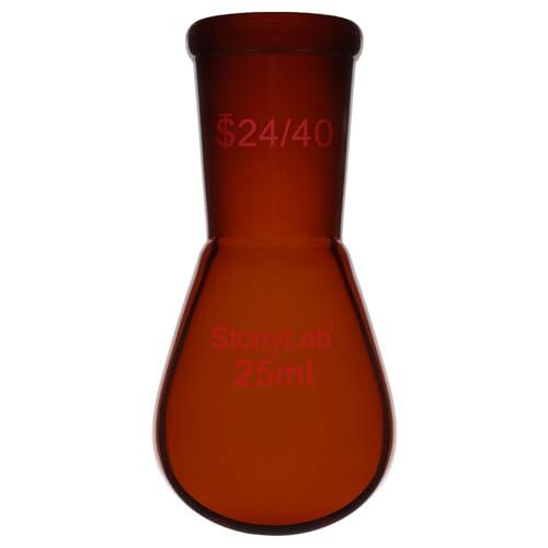 stonylab Matraz de Recuperación de Vidrio Borosilicato Ámbar de 25 ml, Pared Gruesa, Cuello Único con Junta Externa 24/40, Ideal para Evaporación Rotatoria, Destilación y Aplicaciones de Laboratorio